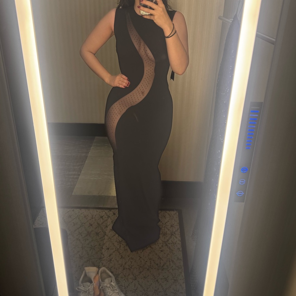 Pinko Black Maxi Dress with Sheer Dot Panel